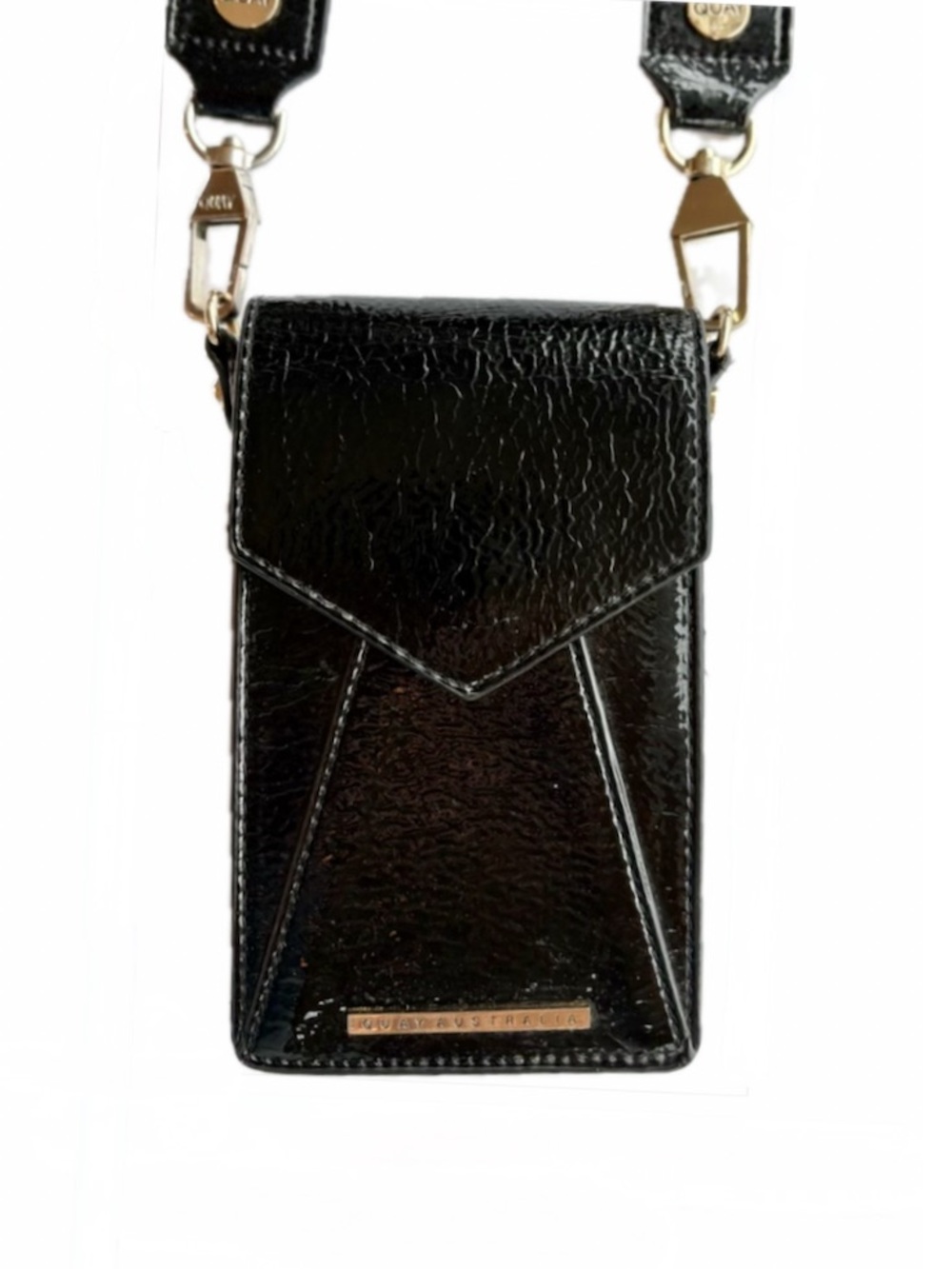 Quay Australia Small Crossbody Bag Logo Strap Patent Leather Black Gold Camo